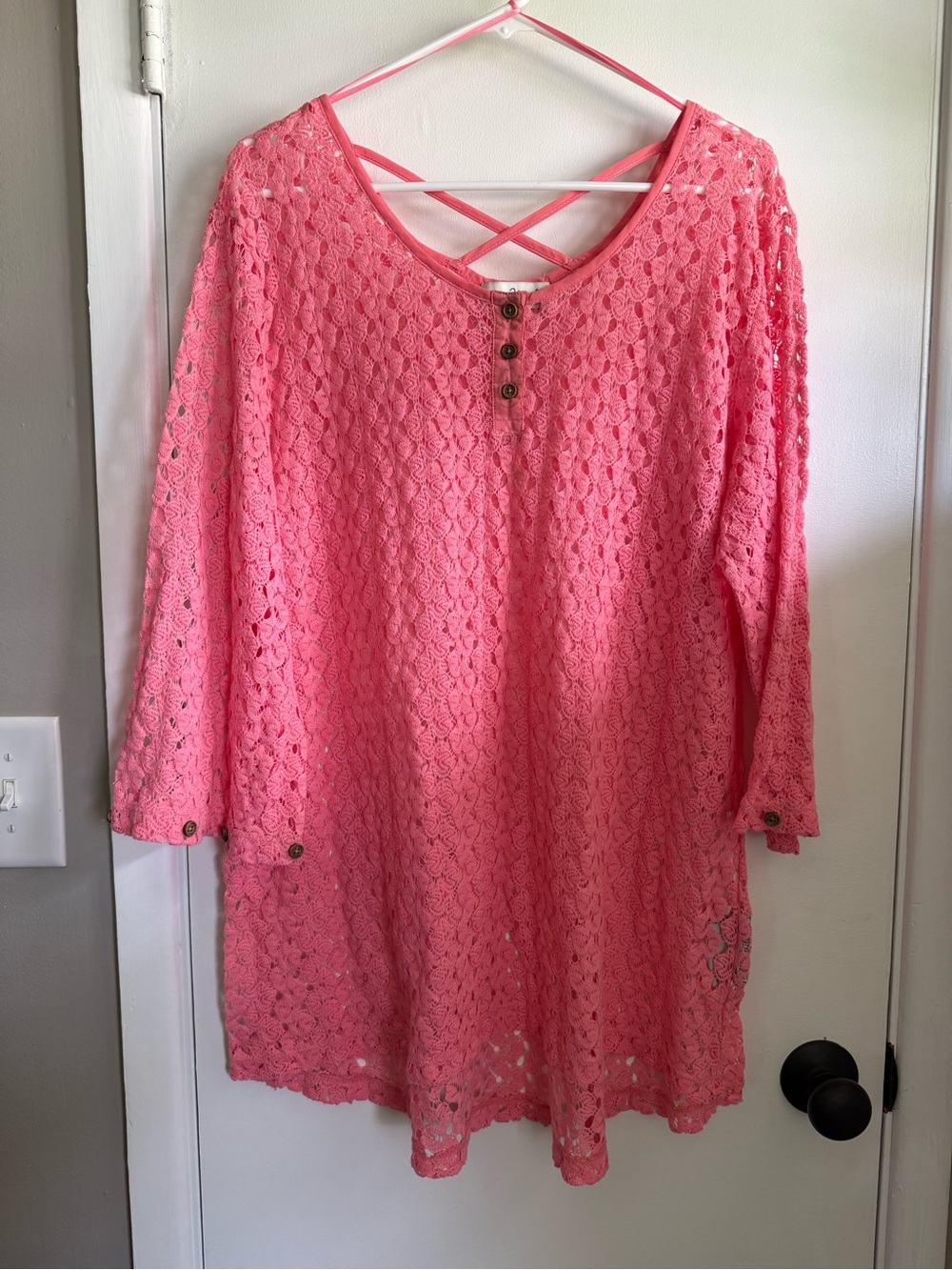 Simply Noelle Coral Crochet Swim Cover with Crisscross Straps, Size XXL